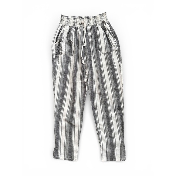 Rewash Striped Linen Blend Pants Women Large Black White Excellent Smocked Waist - Picture 2 of 8